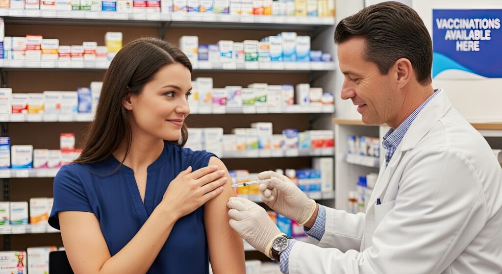 a pharmacist administers a vaccine to a patient in a pharmacy.